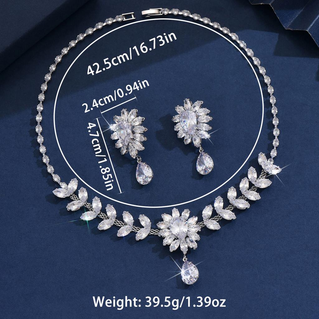 3PC Women's Fashion Zircon Series Flower Water Drop Necklace Earrings Zircon Set Party Festival Gift