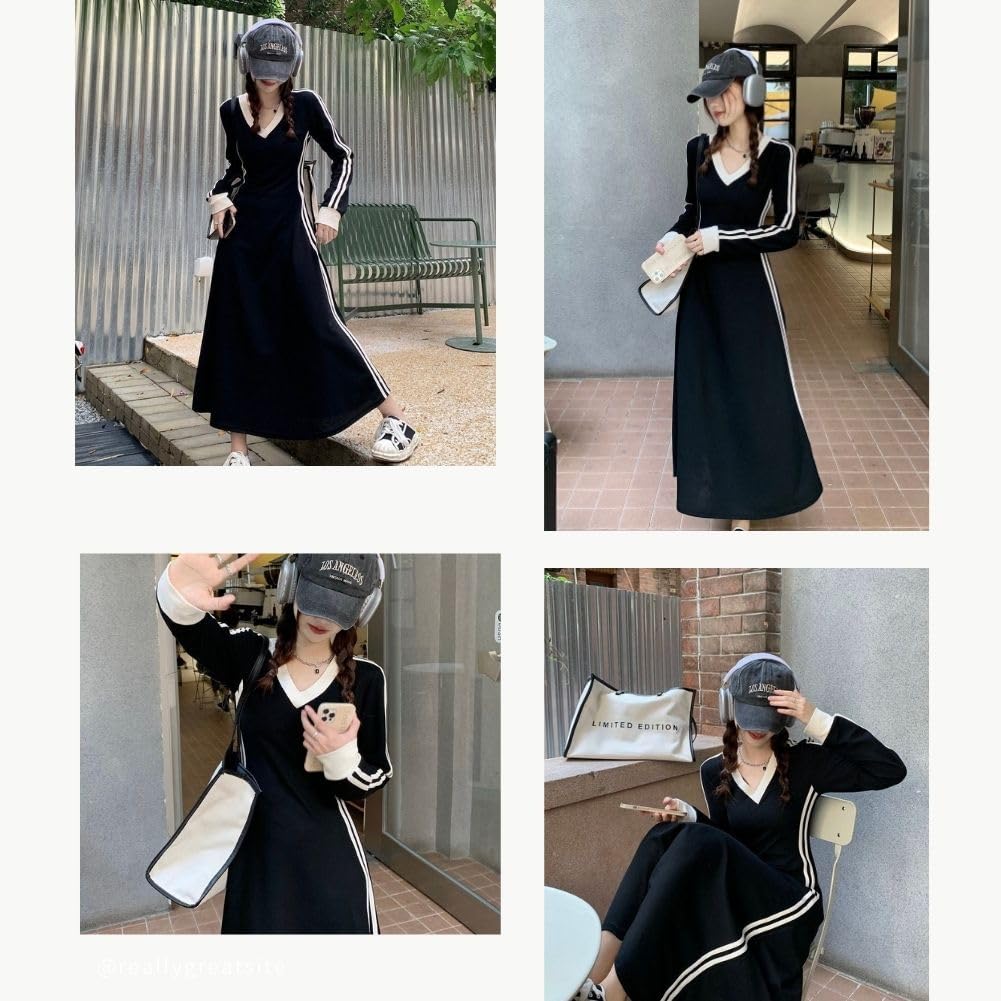 ALVEIN Long Soft Side Korean Plus Long Long Elegant Flattering Women's Dress, Lines, Stripes, Style, Casual, Sizes, Length, Sleeves, Tunic, (L)