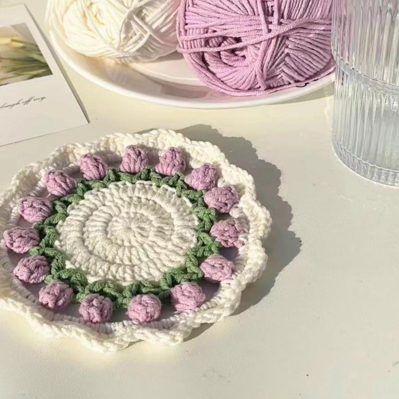 Creative Crochet Round Coasters Handmade Reusable Insulation Pads INS Style Hand-knitted Sunflower Cup Pad Desktop Decoration
