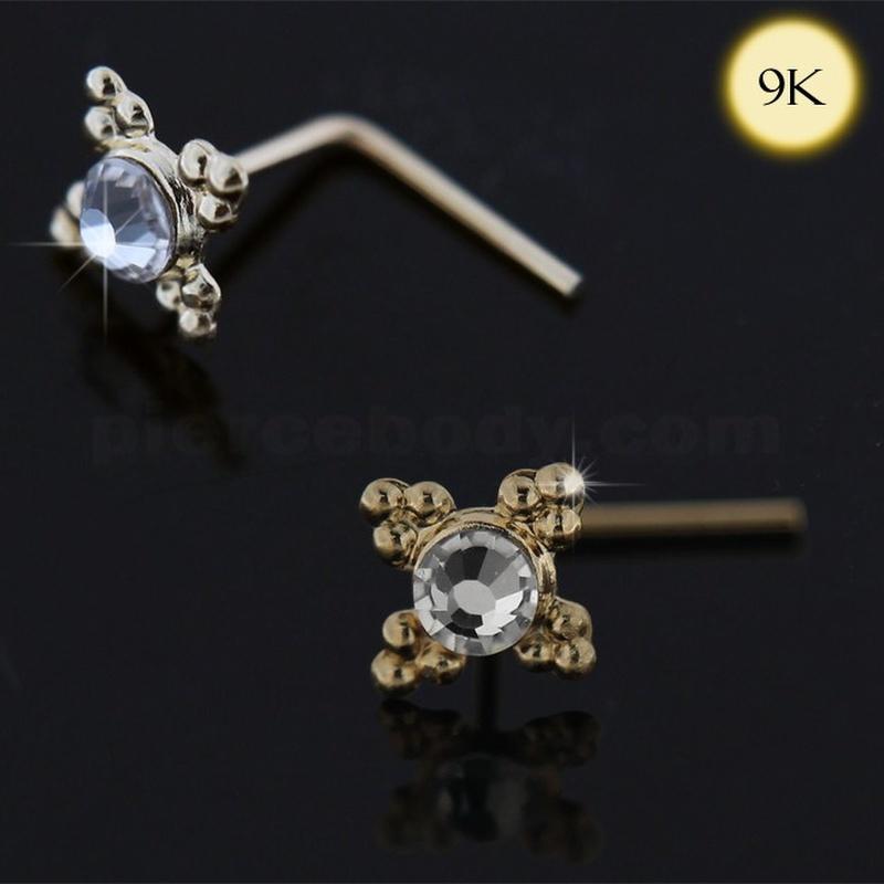 KODY PIERCING Носовая шпилька L-образной формы из 9-каратного золота с драгоценными камнями и этническими точками - качественный пирсинг