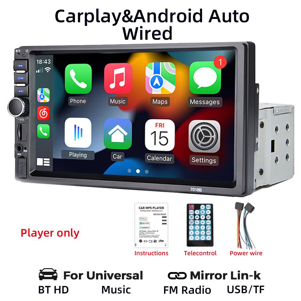 HIPPBQCC Автомагнитола 7" 1 DIN Carplay Android Auto Мультимедийный плеер HD Сенсорный экран FM AUX Вход Bluetooth MirrorLink Авторадио