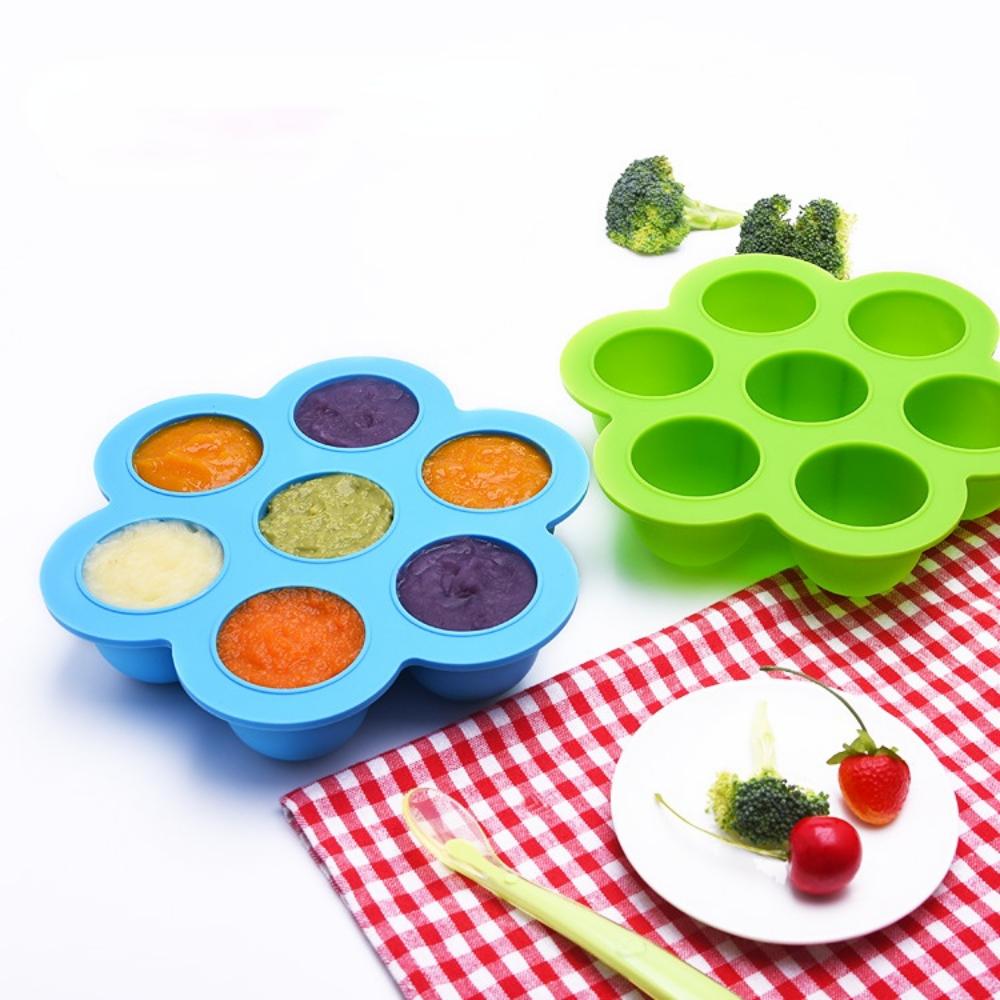 Large Baby Silicone Complementary Food Box Storage Box Silicone 7 Holes Ice Lattice Food Grade Silicone Ice with Lid
