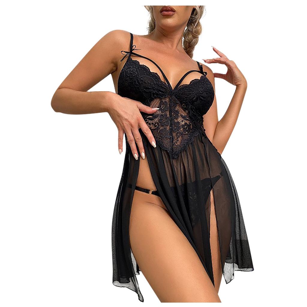 Ladies Erotic Lingerie Sexy Lace Stitching Slit Nightdress Suit Without Steel Ring