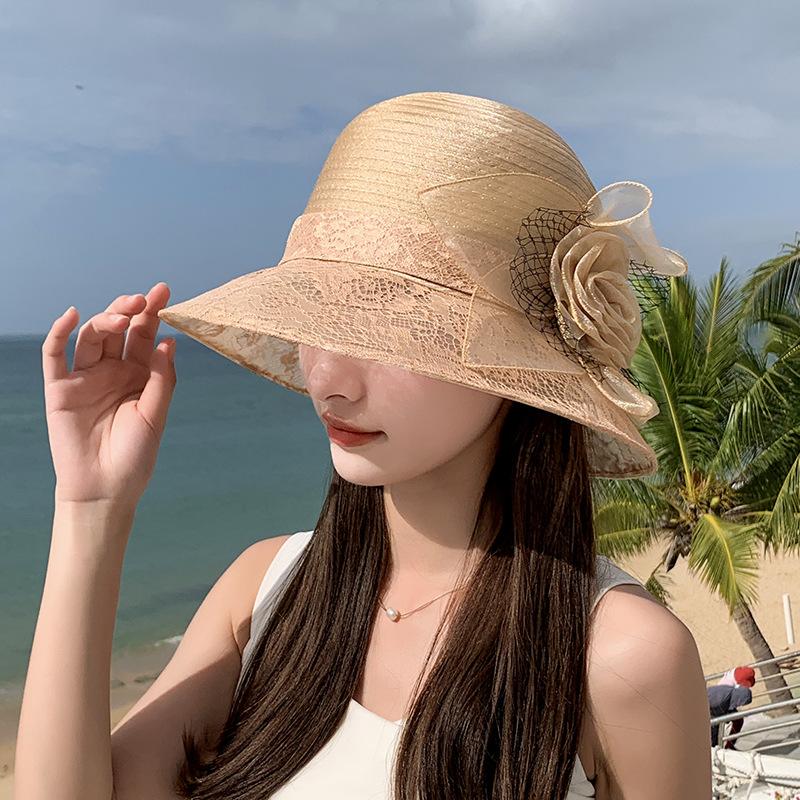 Vintage Elegant Flower Organza Sun Hats Ladies Wedding Party Floppy Church Hat For Women Summer Antiuv Travel Beach Caps