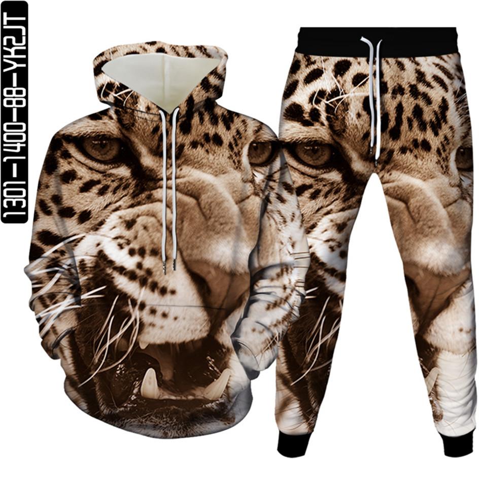 Весенне-осенний мужской спортивный костюм с 3D принтом животных и леопарда, 2 предмета, женский спортивный костюм больших размеров S-6XL, одежда с капюшоном и брюками, спортивный комплект
