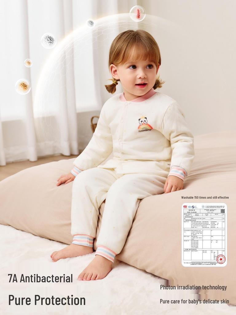 Детский пижамный комплект Jingqi из стеганого хлопка с высокой талией и защитой животика - Теплая, регулирующая температуру домашняя одежда для осени и зимы