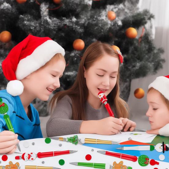 1 компл. Рождественская шариковая ручка с разноцветными силиконовыми бусинами, снеговик, Санта-дерево, подвеска, сделай сам, пластиковая ручка с бисером, праздничный подарок