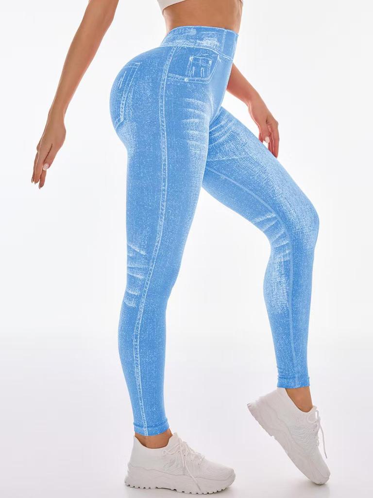 Бесшовные леггинсы для йоги с высокой талией и эффектом пуш-ап для женщин - Быстросохнущие, стройнящие, облегающие, в стиле денима, для бега и фитнеса