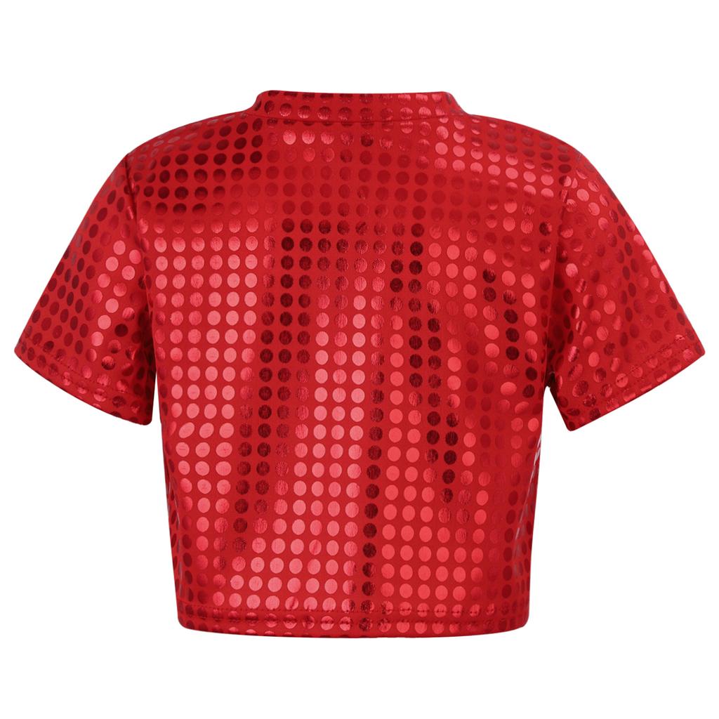 Jazz Dance Costumes Kids Boys Girls Shiny Sequins Short Sleeve Solid Color T-shirt Crop Tops Street Dance Stage Performance Wear