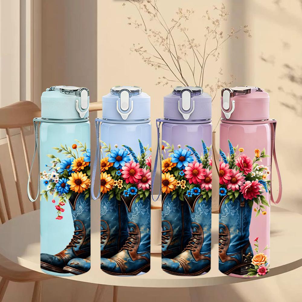 1PC Cowboy Boot Wildflower Bouquet 750ml Color Plastic Sports Water Bottle Leakproof Flip Straw Lid Suitable for Sports Office Home Use