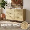 Bohemian 6-Drawer Chest of Drawers, Rattan Front, Wooden Legs, 110x40x75 cm, Oak