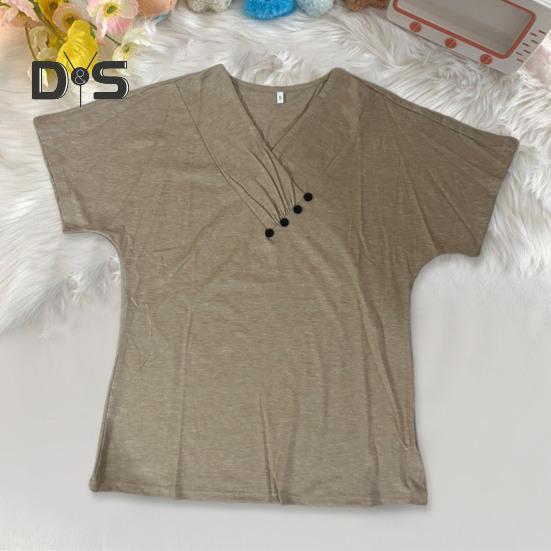 Женская футболка с V-образным вырезом, коротким рукавом, свободный крой, пуговицы, декор, однотонный пуловер, топы, повседневная одежда