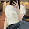 Топ из льна и ледяного шелка, однотонный вязаный свитер, летний, стройнящий, большого размера, с круглым вырезом, тонкая прозрачная сетка