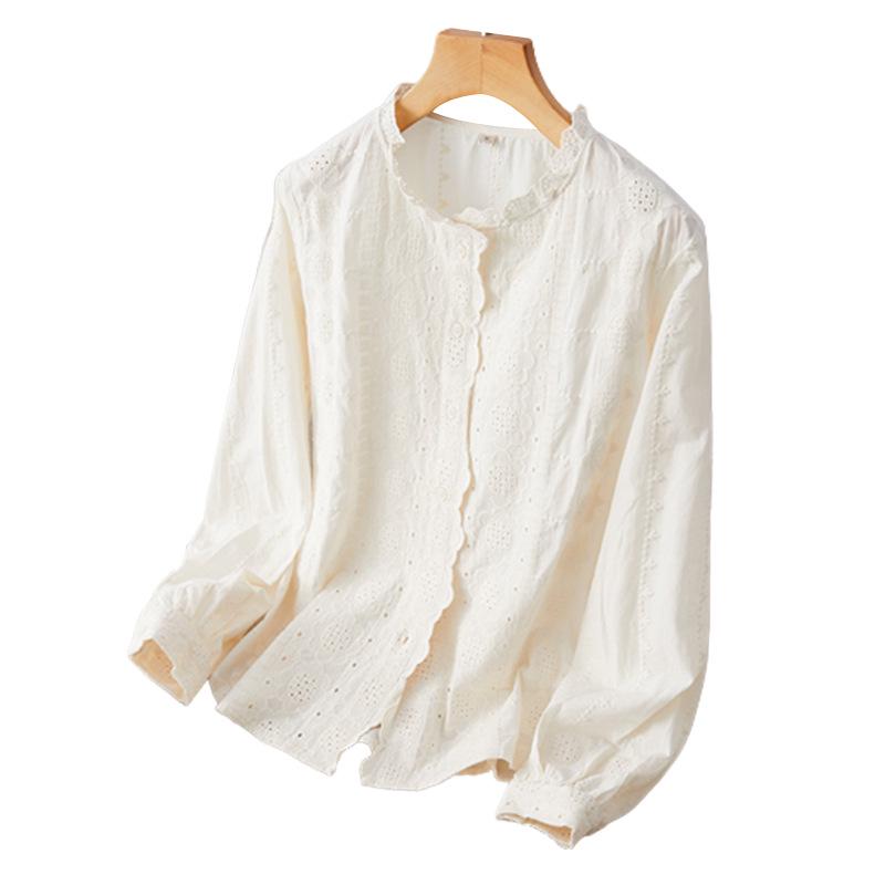 Абрикосовая женская рубашка с длинным рукавом из чистого хлопка с вышивкой - новый дизайн весны 2025 года