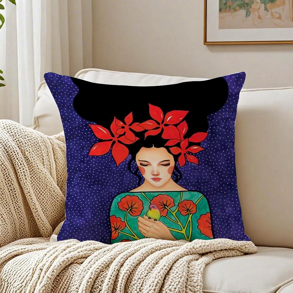 pc Vintage Abstract Girl Hair Flower Cushion Cover Linen Pillowcase Soft for Sofa Bed Home Room Decor