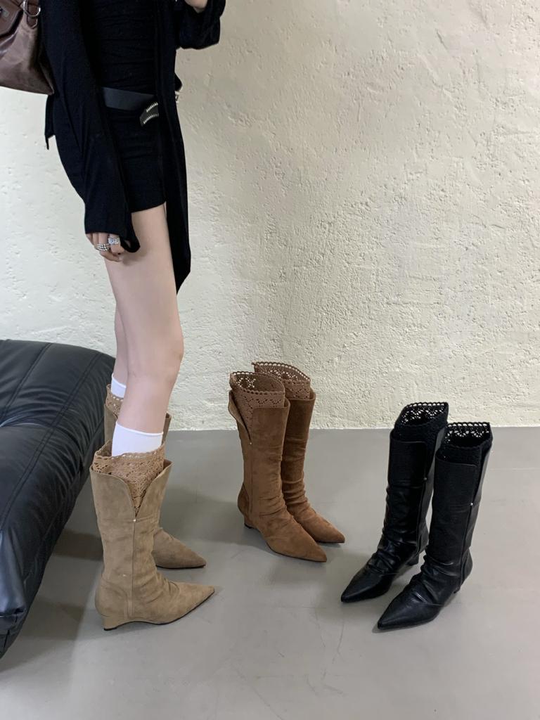 Wedge Heel Boots Children 2025 Autumn and Winter New Pointed Knight Boots Lace Becomes Knee High Boots