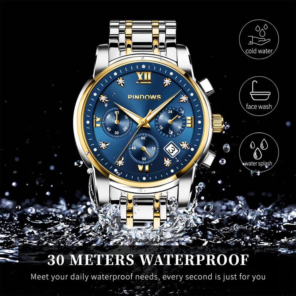 PINDOWS Diamond Business Dress Аналоговые кварцевые Роскошные Водонепроницаемые Светящиеся Дата Нержавеющая сталь Классические Модные Часы Мужские часы, Дисплей, Двухцветные