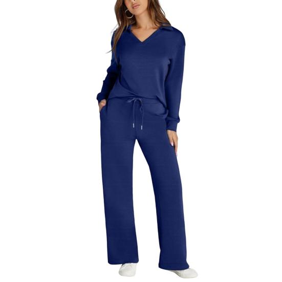 2 Pcs/Set Women Top Pants Suit V Neck Long Sleeves Solid Color Sport Sweatshirt Drawstring Elastic Waist Wide Leg Trousers Fitness Outfit Fall Spring
