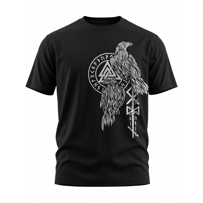 Men's Norse Mythology Viking T-Shirt - Odin Raven Hugin Munin Valknut Rune Design, 100% Cotton Casual Round Neck Short Sleeve Shirt with Viking Rune