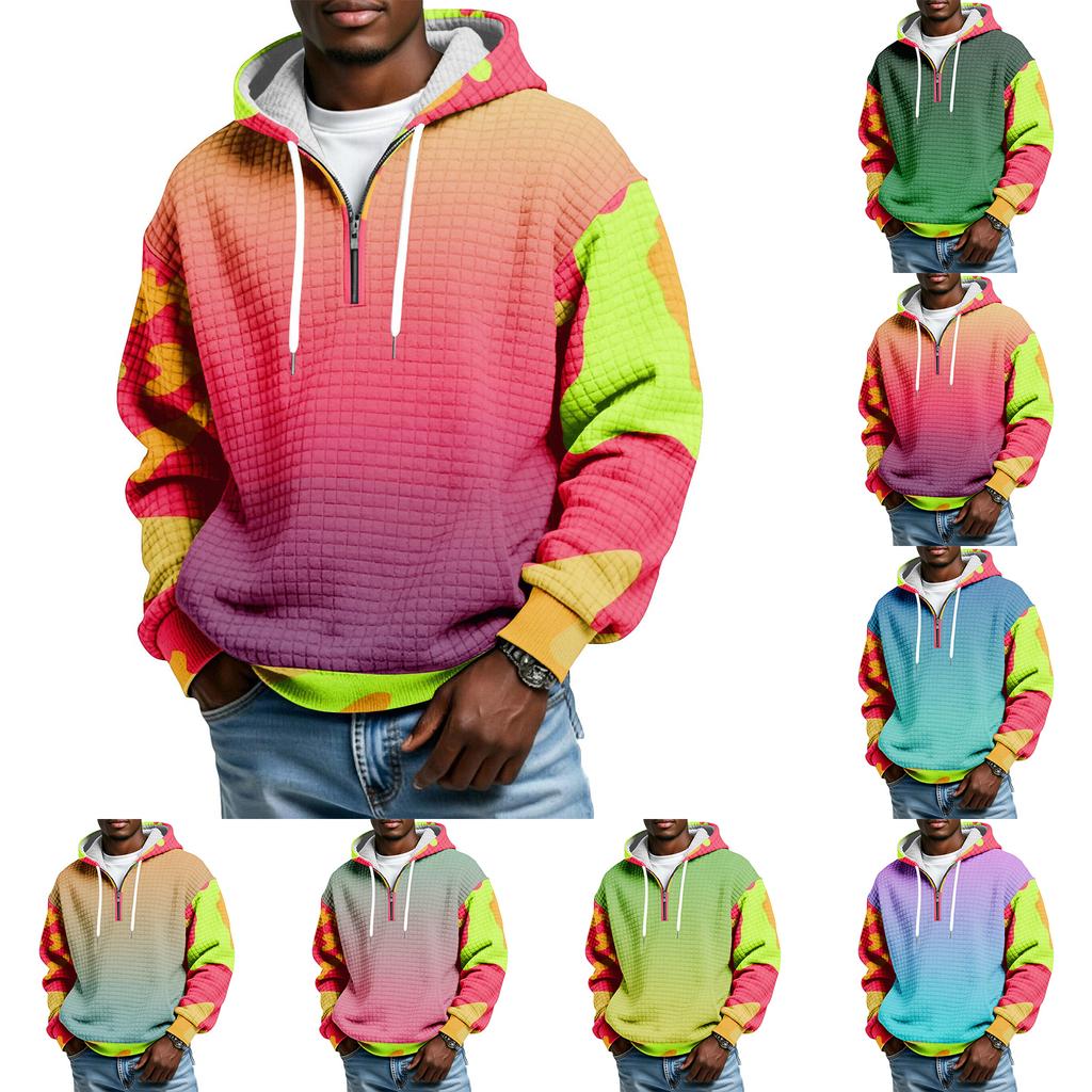 Мужской худи-пуловер в клетку с капюшоном на молнии до середины, со шнурком и принтом, повседневная спортивная толстовка