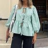 Весенние рубашки с круглым вырезом и контрастным бантом на шнуровке для женщин, свободные длинные блузки с рукавами-фонариками, модные женские повседневные топы для улицы