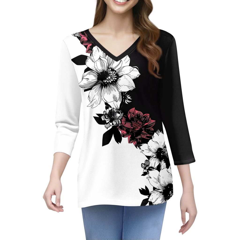 Женская футболка с принтом, рукав 3/4, повседневная мода на выходные, базовый топ с V-образным вырезом