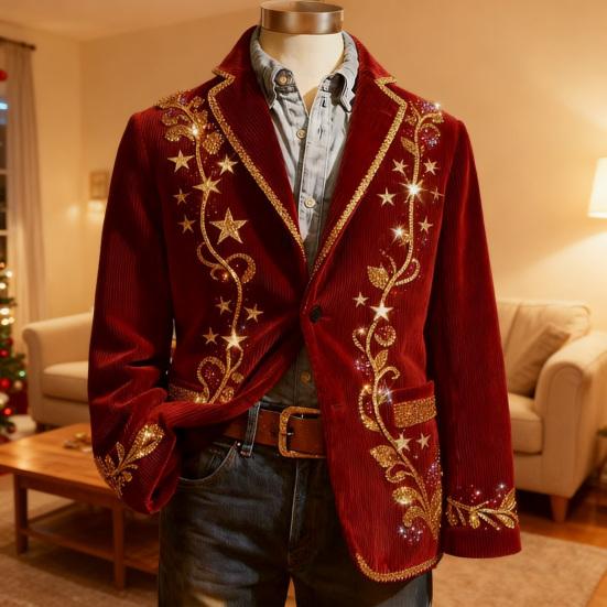 Men Corduroy Suit Coat Single-Breasted Suit Jacket Lapel Long Sleeve 3D Christmas Themed Print Slim Fit Suit Jacket Formal Stage Wear