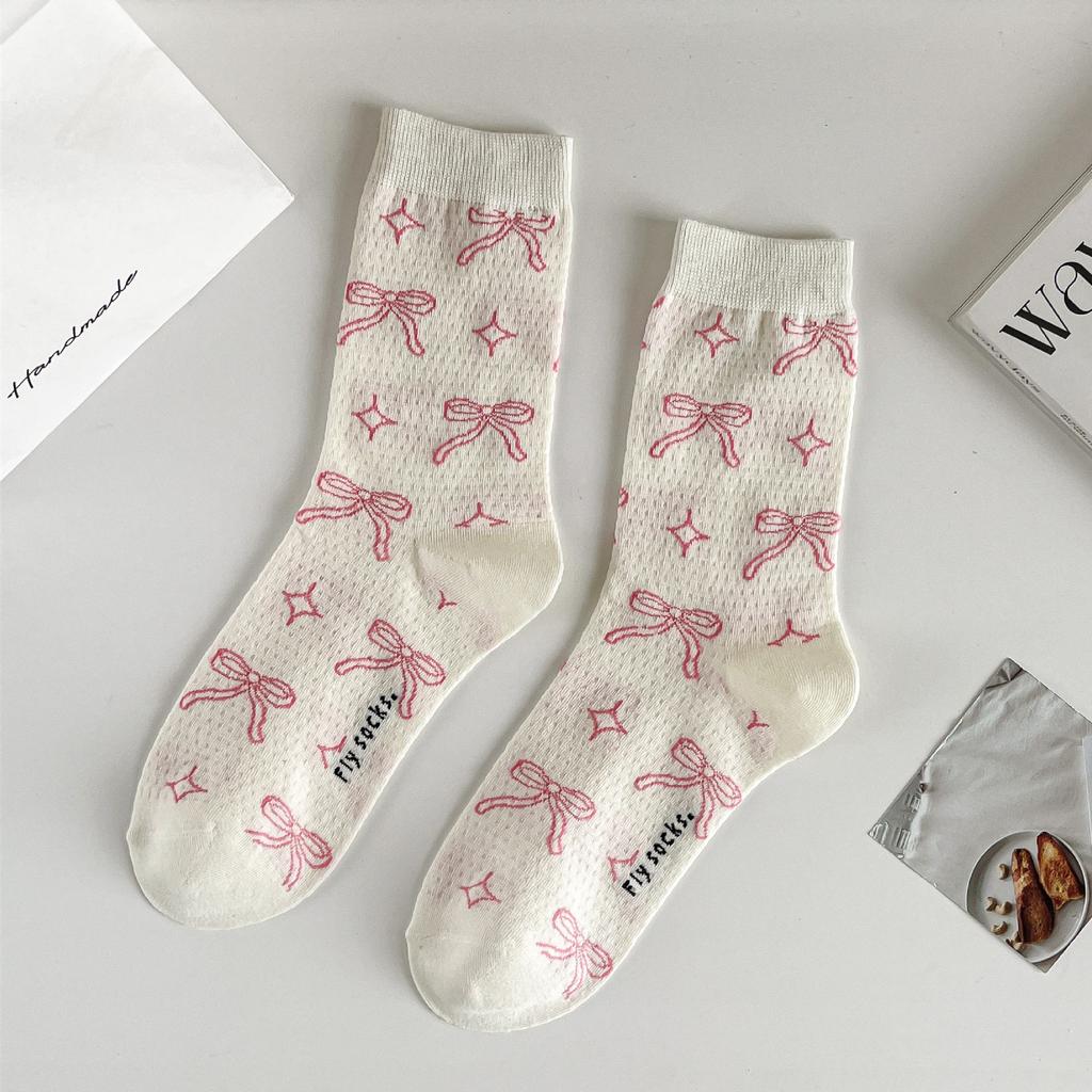 Bow Socks For Women Mid-Season Tube Socks Thin Sweat-Absorbing Stockings Black And White Versatile Trendy Socks