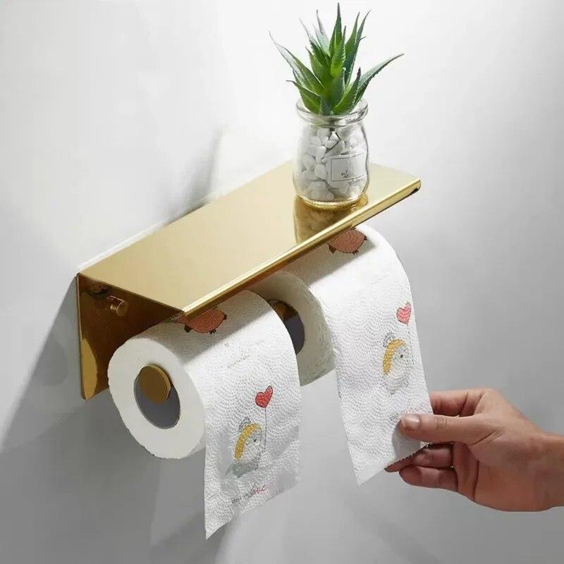 Stainless Steel Double Roll Tissue Holder Bathroom Wall Mounted Toilet Paper Holder Waterproof Space Tissue Storage Rack Shelf