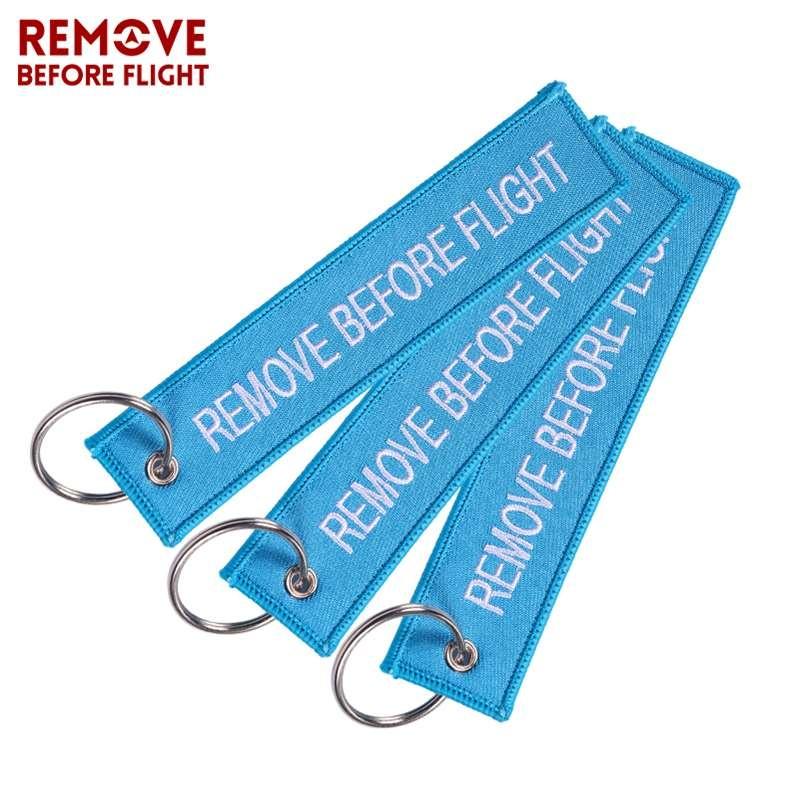 Remove Before Flight 3pcs/set Sky Blue Embroidery Key Fobs Chains Keychains Aviation Gifts