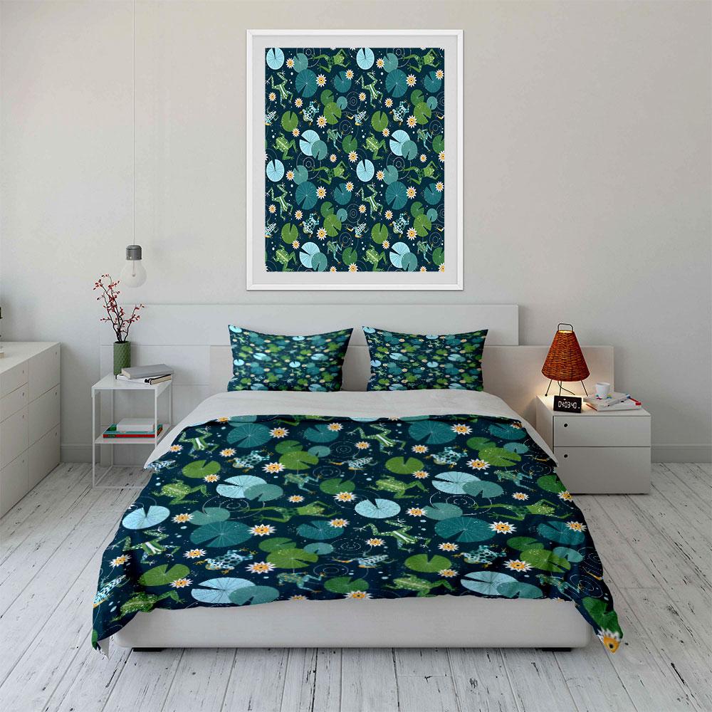 Frogs and Lily Pads Pattern Bedding Duvet Cover Set (1*Duvet Cover 2*Pillowcases, without duvet insert)