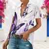 Women Plus Size White Butterfly Print Collared Short Sleeve Button Front Shirt