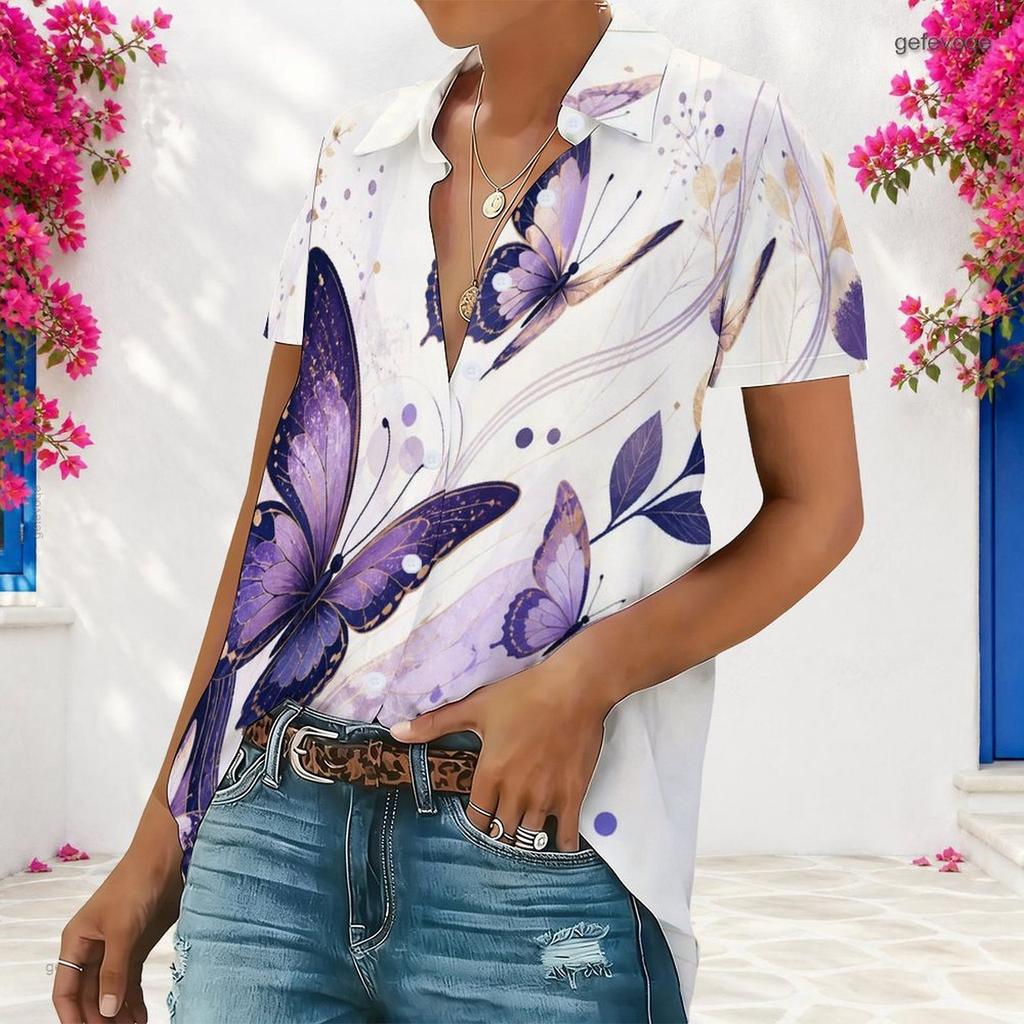 Women Plus Size White Butterfly Print Collared Short Sleeve Button Front Shirt