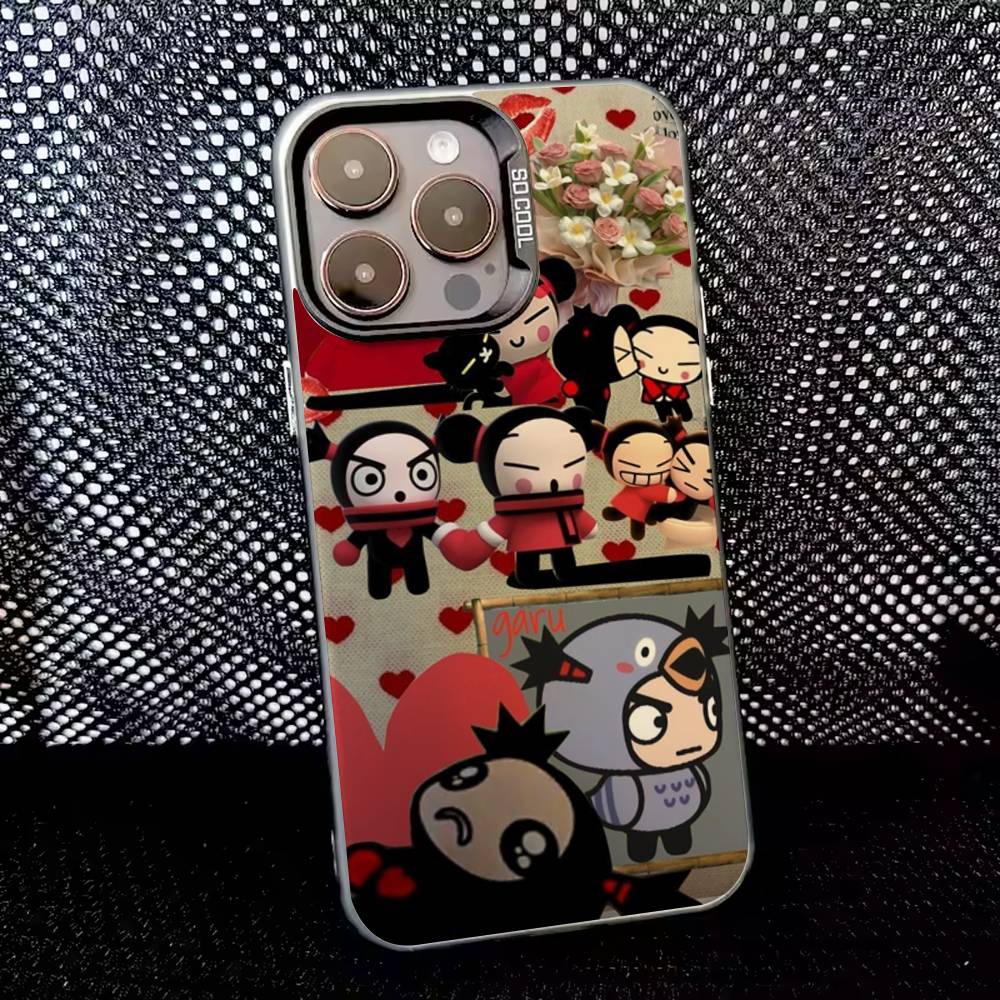 Милый чехол для телефона Pucca с сердечками для iPhone 16,15,14,13,12,11,8,7, Pro, Max, Plus, Mini, XS, SE, противоударный, черный, матовый, жесткий