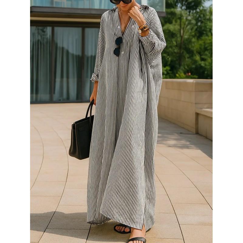 Striped Shirt Dress Loose Fit Long Sleeve Casual Women