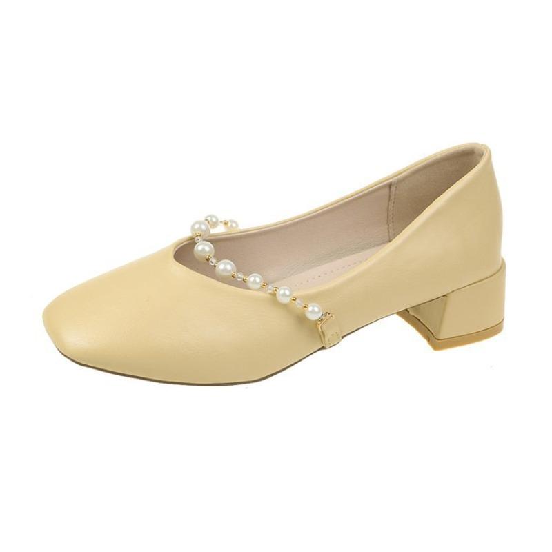 Туфли-бобы с квадратным носком для женщин на весну, новый стиль с неглубоким носом и толстым каблуком