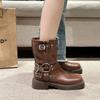 Женские ботинки с квадратным носком, коричневые байкерские туфли для женщин, средняя длина голени, средний каблук, удобные и недорогие, из искусственной кожи, готические