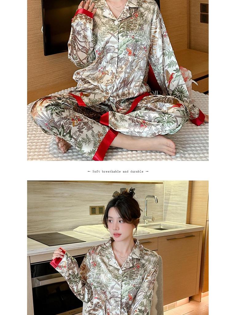 Ice Silk Women's Mori Style Long Sleeve & Pants Floral Pajama Set