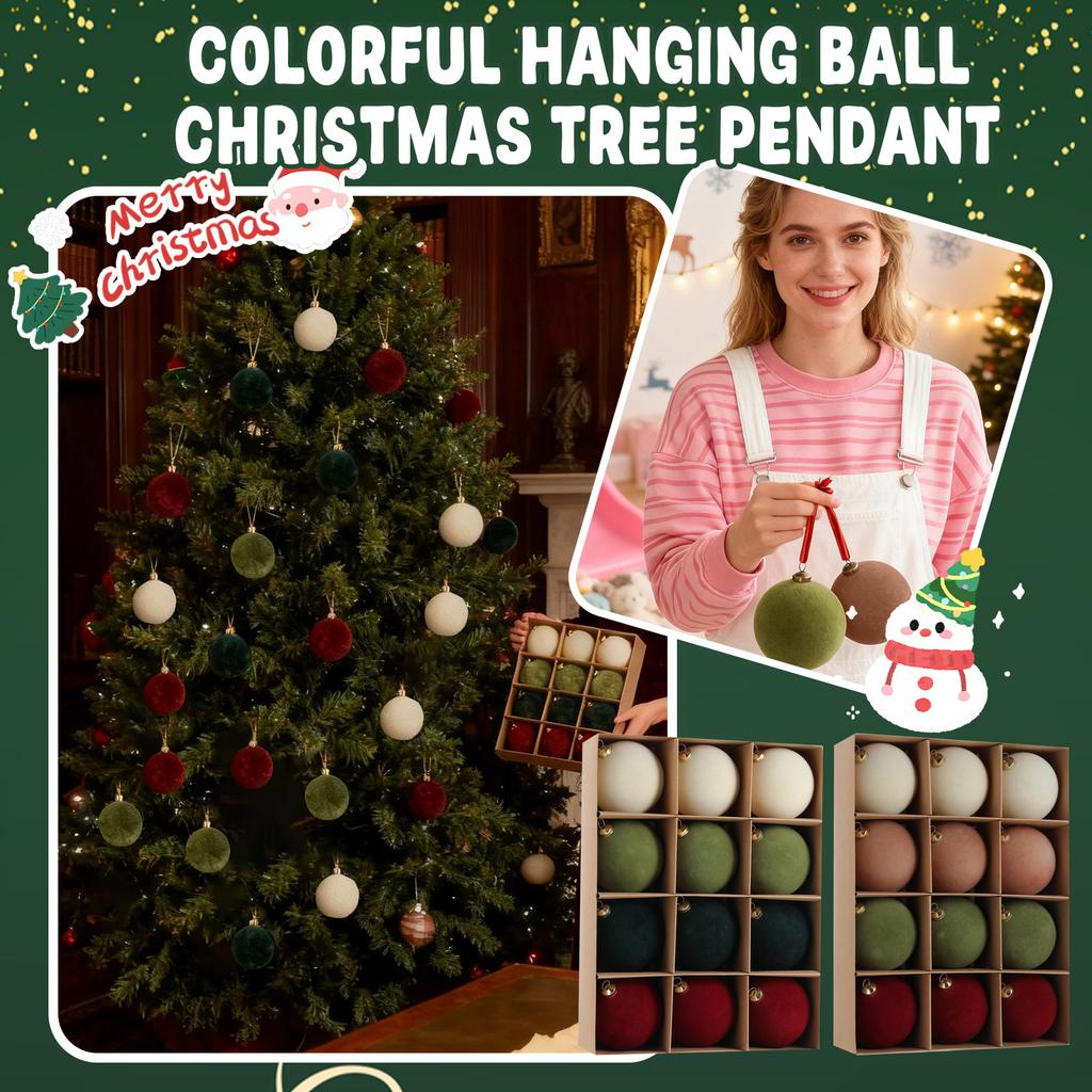 8cm 12pcs Mixed Color Plastic Flocked Christmas Balls, Colorful Hanging Balls, Christmas Tree Ornaments, Boxed, Window Decoration Round Balls
