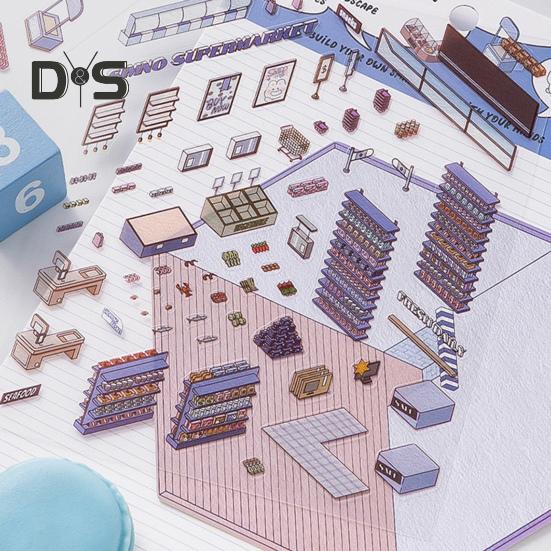 4 Sets DIY 3D House Stickers with Tweezer Make Your Own Mini Room Scene Supermarket Coffee Shop Restaurant Bookstore Scene Stickers Adult Kids Stress