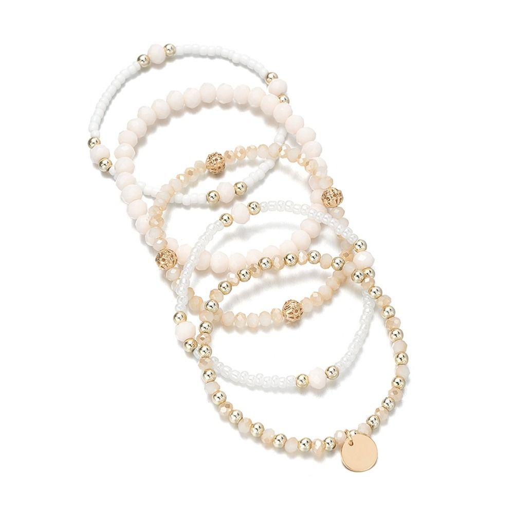 5Pcs Alloy Stretch Bracelets Resin Vacation Jewelry Gift Elegant Beaded Bracelet Set for Women