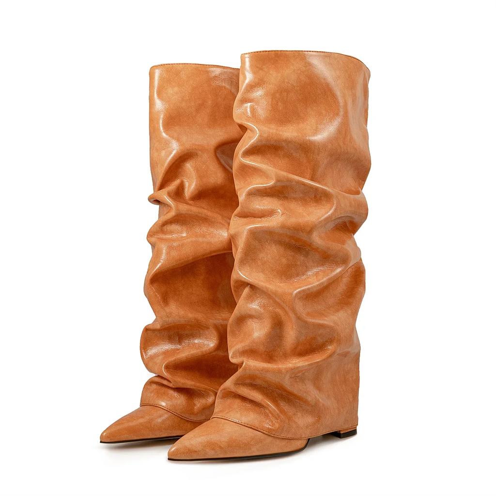 Женские высокие сапоги с принтом крокодила, с острым носком, леопардовым принтом, на танкетке, в стиле ретро, слипоны, с голенищем до колена, плиссированные