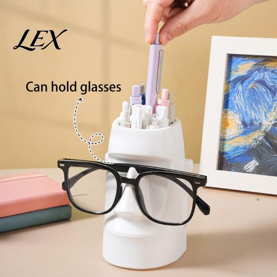 Resin Pen Storage Box Glass Stand Holder, Moai Statue Pencil Container, Desktop Cup Stationery Desk Organizer Eyeglass Display Rack for Home