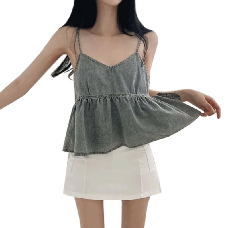 Стильная элегантность, мода, женский повседневный жилет, милый джинсовый топ с V-образным вырезом, женская многослойная летняя рубашка с оборками и тонкими шикарными короткими топами