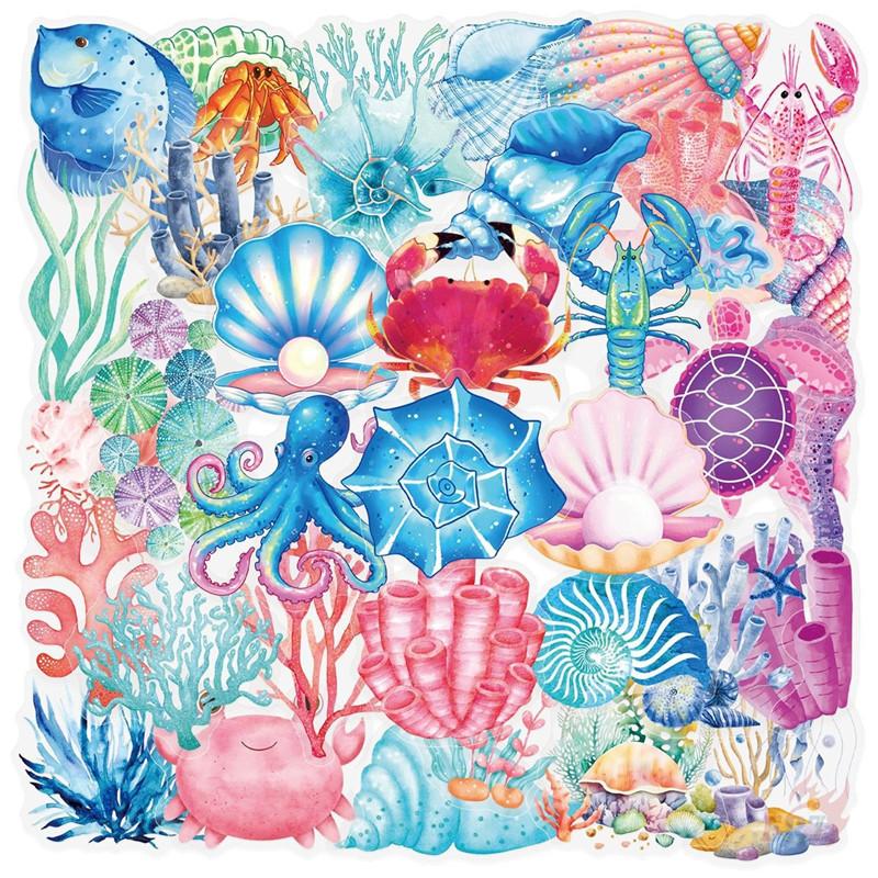 50Pcs/Set Watercolor Marines Animals Series 01 PET Stickers Waterproof DIY Fashion Doodle Decals Stickers