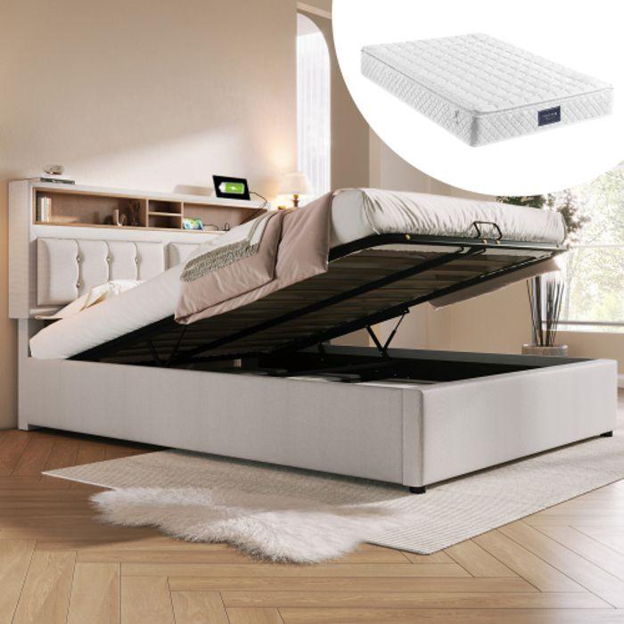 Lit double capitonné avec tête de lit et prise USB C, cadre de lit en lin, 140x200 avec sommier à lattes (avec matelas).