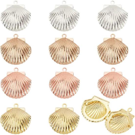 PH PandaHall 12pcs Shell Locket Charms 3 Colors Photo Frame Charm Memorial Collection Charm Brass Locket Charms Pendants for Summer DIY Necklace