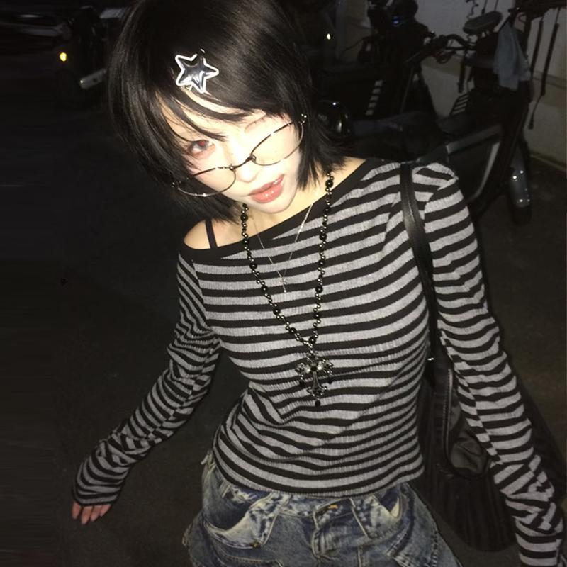 VAYLA Японская футболка в стиле Y2k Женская с длинным рукавом с открытыми плечами в полоску Укороченные топы Y2k Гранж Эстетика 2000-х Уличная одежда Футболки
