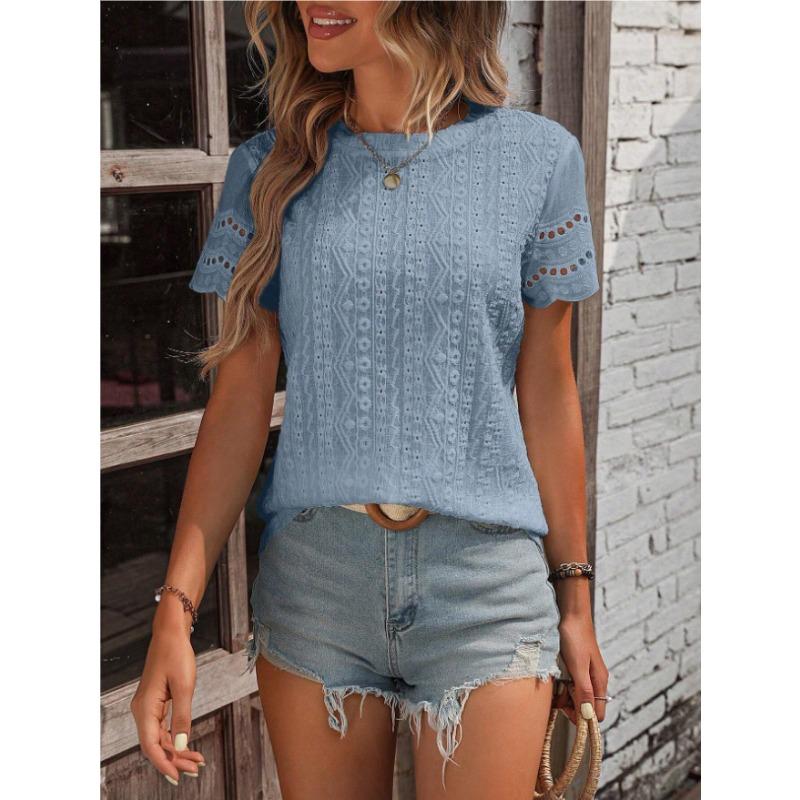 DAFIFY Women's Fashion Casual Summer Spring Solid Color Print Short Sleeve O-Neck Blouses & Shirts