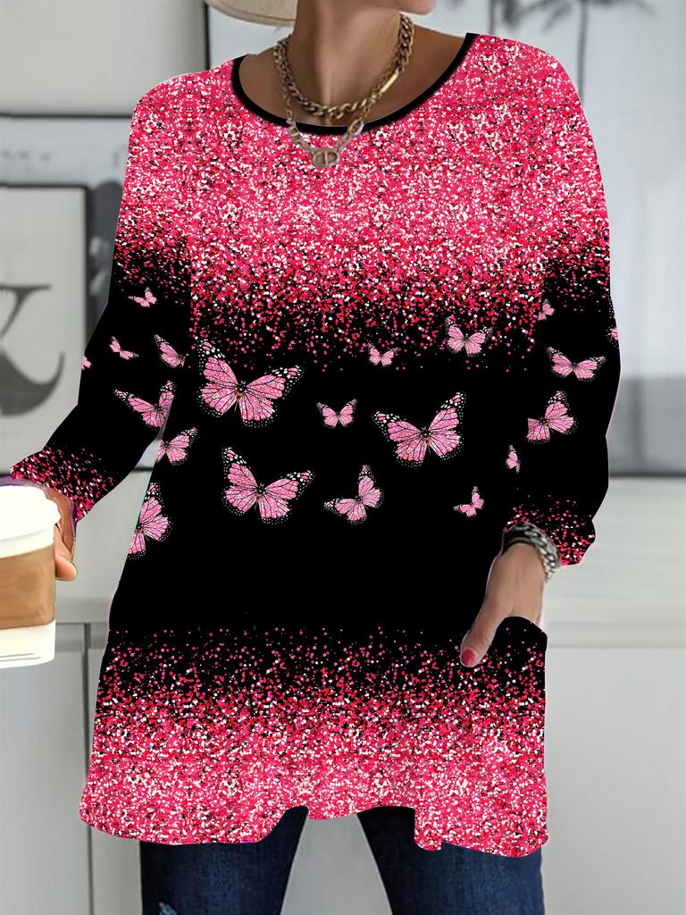 Осень-Зима 2025 Новые Женские Топы Большого Размера, Модные Футболки с 3D-принтом Бабочек, с Круглым Вырезом и Длинным Рукавом